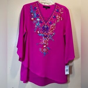 Calessa Fuchsia Embroidered V-Neck Tunic Top